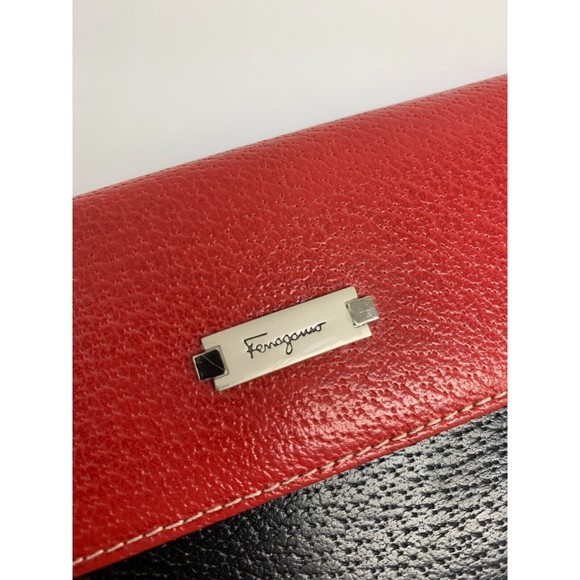 Salvatore Ferragamo Leather Wallet Red Black Womens Flap Snap Bi Fold Card Slots - Picture 2 of 12